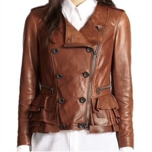 3.1 Phillip Lim Lambskin Leather Ruffled Cognac Zip Up Jacket